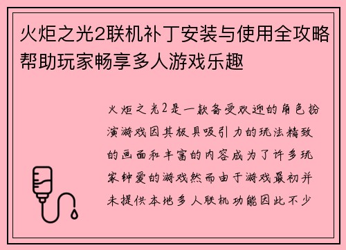 火炬之光2联机补丁安装与使用全攻略帮助玩家畅享多人游戏乐趣